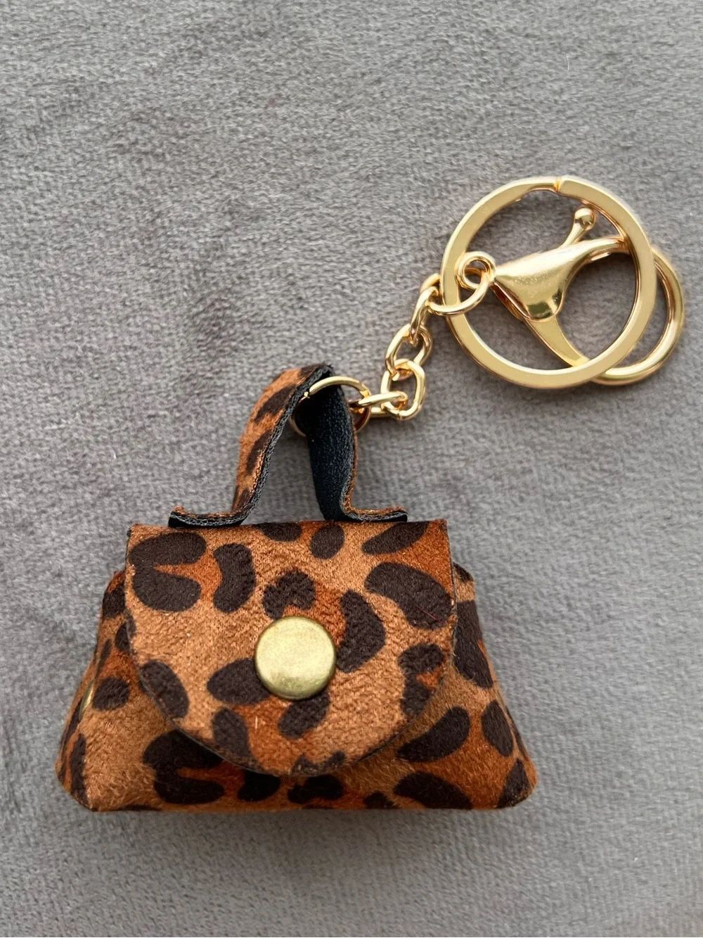 Mini Leopard Fur Print Bag Keychain With Gold Hardware